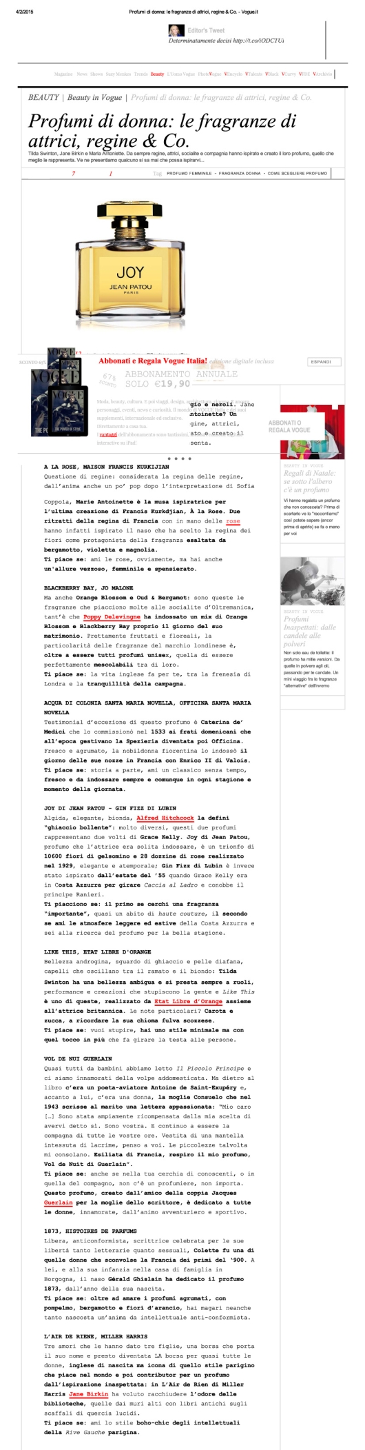 Jean Patou e Etat Libre d'Orange su Vogue.it