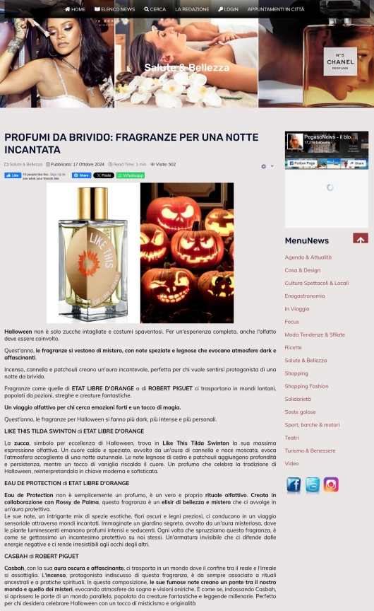 Etat Libre d'Orange e Robert Piguet su Pegasonews 17 ottobre 2024