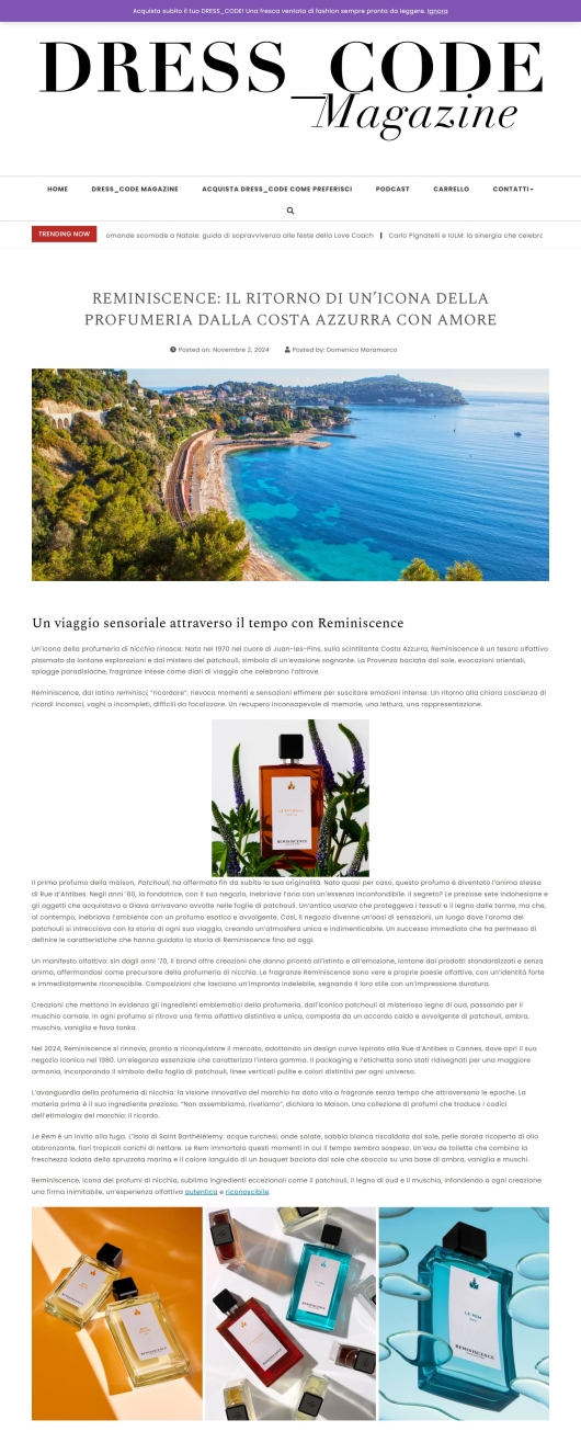 Reminiscence su Dress Code Magazine 2 Novembre 2024