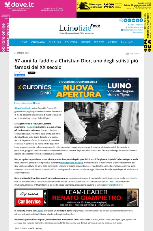 Robert Piguet su Luino Notizie 24 Ottobre 2024